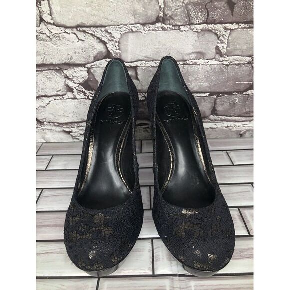 Tory Burch Black Leather Floral Fabric Platform Stiletto High Heels Women Sz 8M - Picture 3 of 16